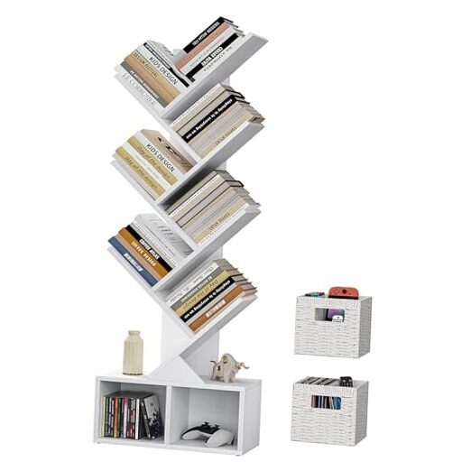 Tree Bookshelf Bookshelf with Storage, Tall Narrow Bookcase, Wood 6 Tier White
