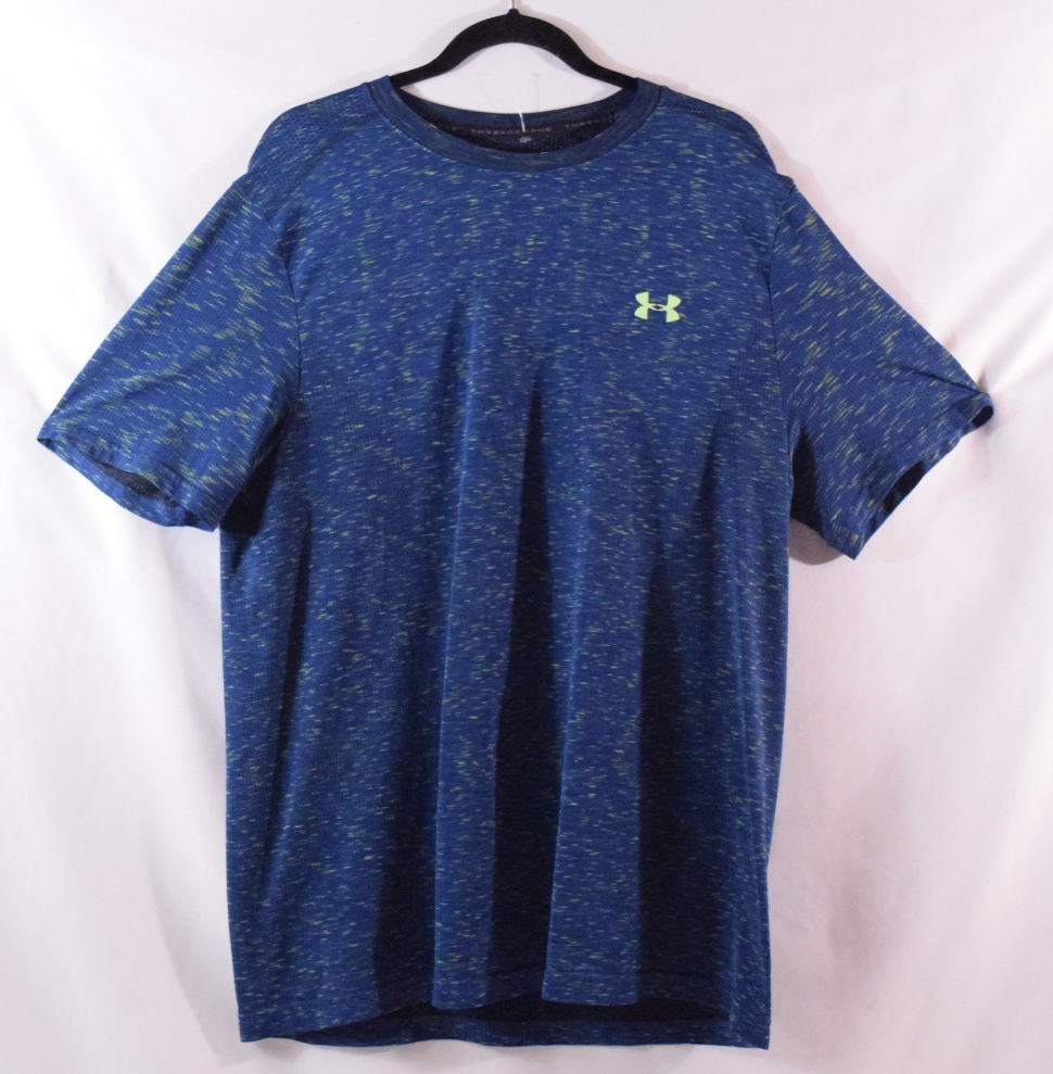 Under Armour UA Heat Gear Shirt Mens 2XL Blue w Neon Green Stretch Heatgear XXL