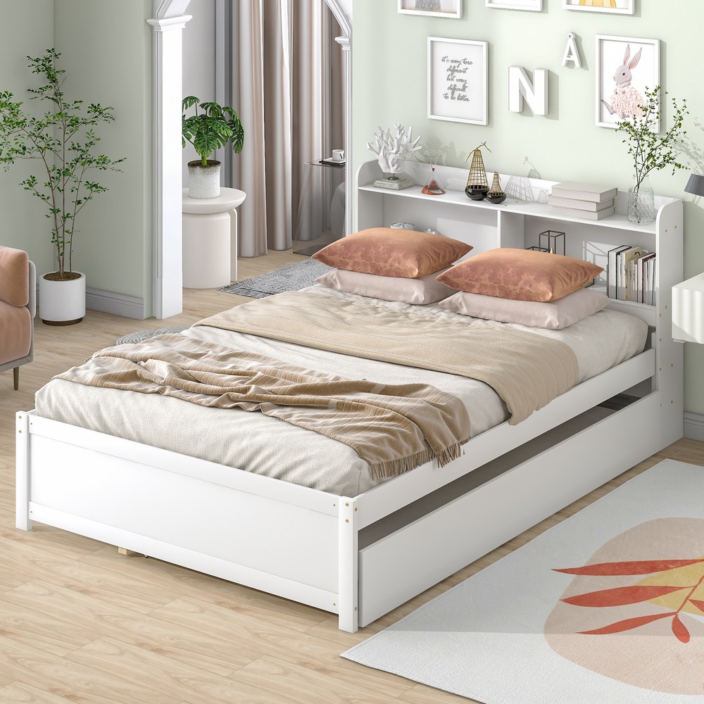 Full Size Platform Bed with Trundle and Bookcase - Modern Bedroom Furniture USA-image