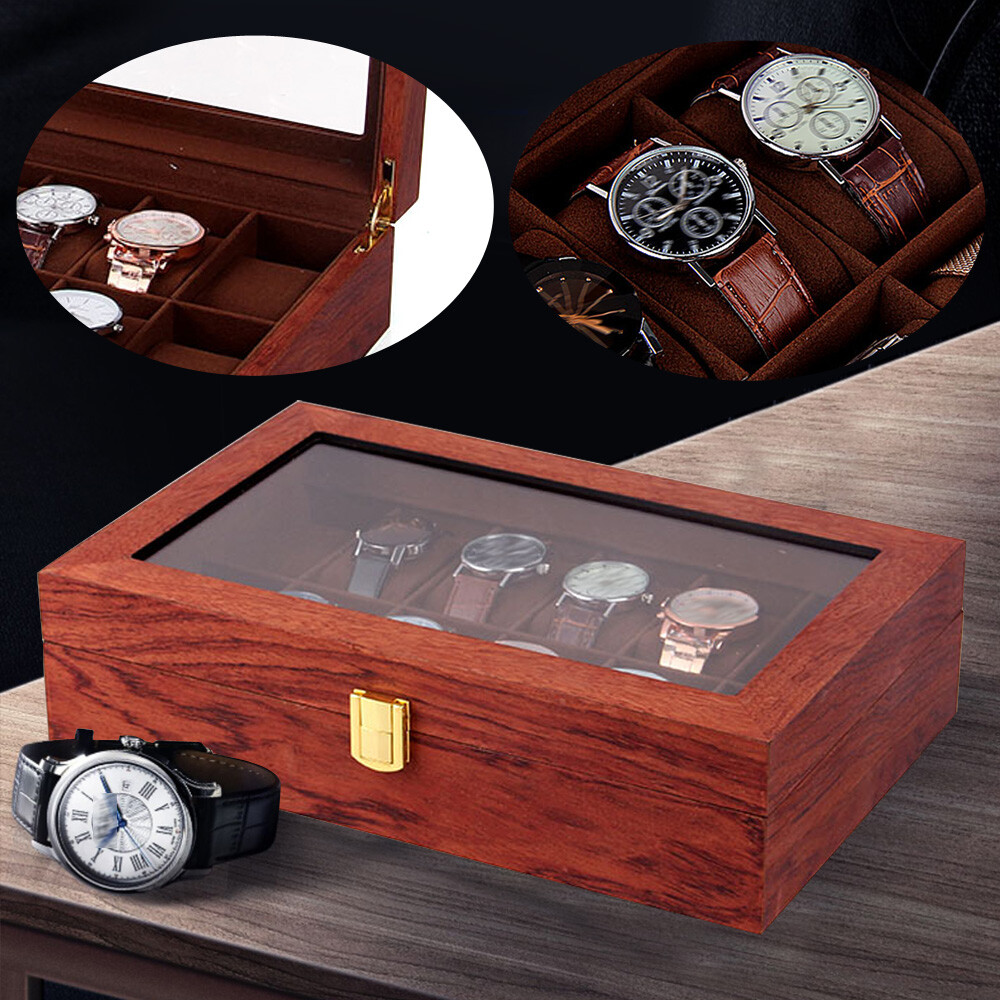 12-Grid Rosewood Watch & Jewelry Display Box for Retail Shop Showcase