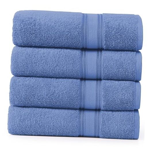 4-Pack Soft 100% Cotton Bath Towels 30x60 Inches in Cerulean Blue