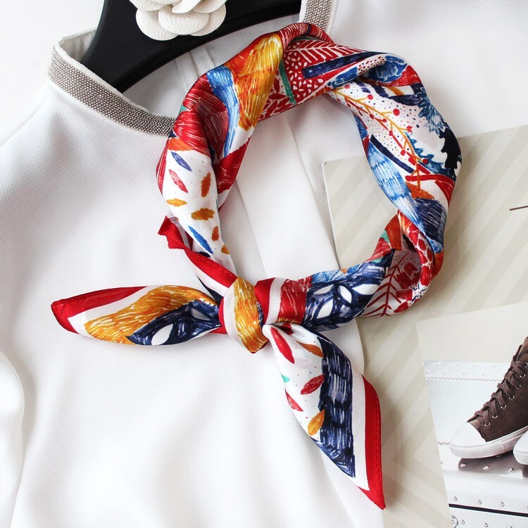 100% Silk 20-Inch Square Scarf for Women with Vibrant Leaf Print