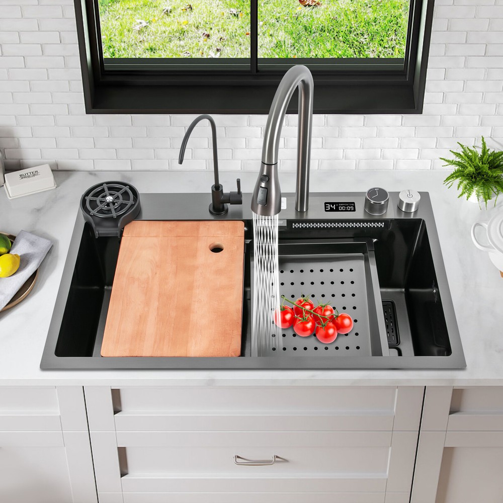 Kitchen Sink Double Basin Stainless Steel Sink Bowl W/ Pull-out Faucet