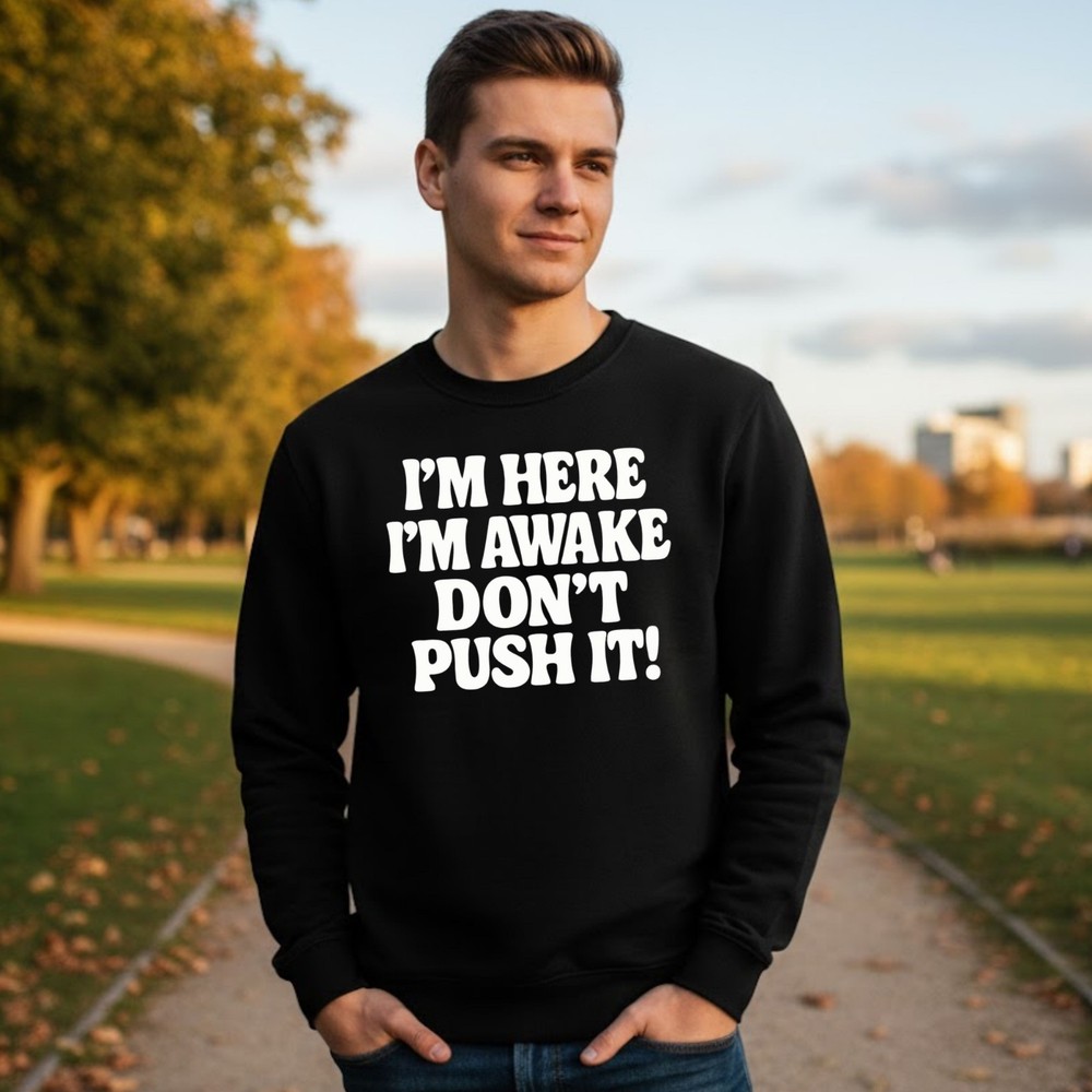 I'm Here I'm Awake Don't Push It Sweatshirt Printed Funny Gifts Crew Neck Jumper