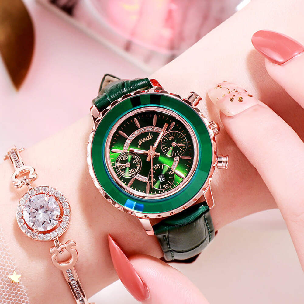 Ladies Forest Green Leather Strap Calendar Watch with 30m Waterproof Feature