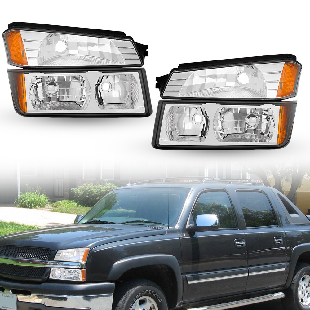 For 2002-2006 Chevy Avalanche Headlight Assembly Chrome Housing HeadLamp Amber