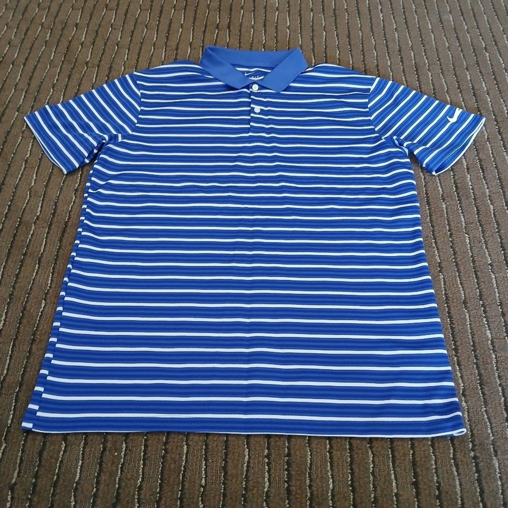 Nike Dri Fit Standard Fit Casual Striped Blue Golf Polo Shirt Men's Large Sports