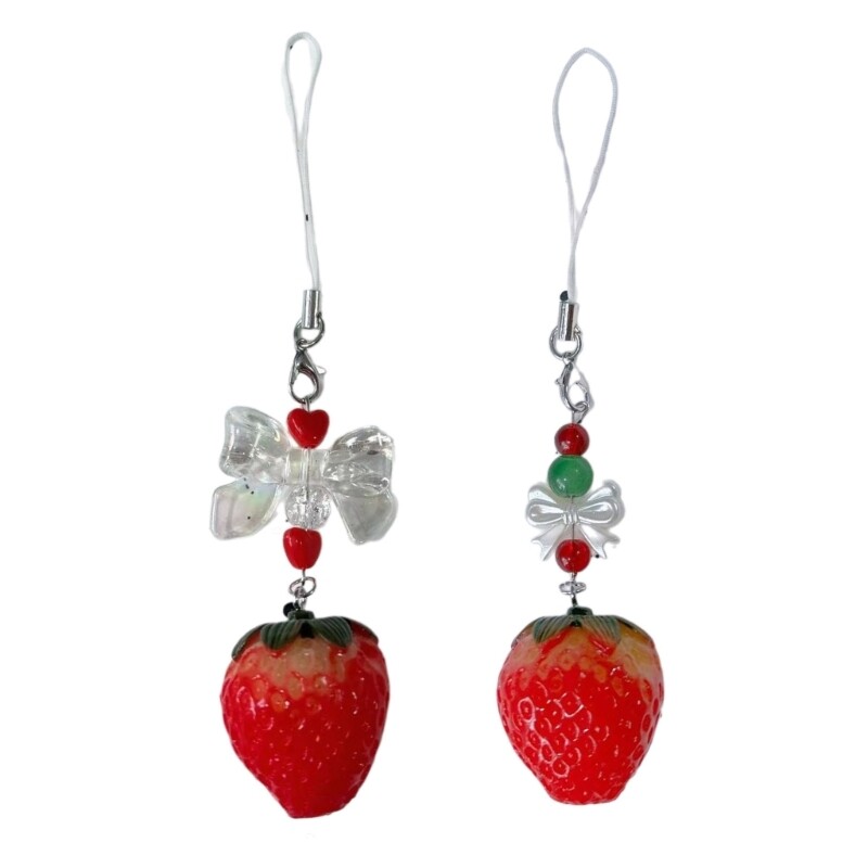Y2K Strawberry Resin Phone Lanyard with Bowknot Charm Strap