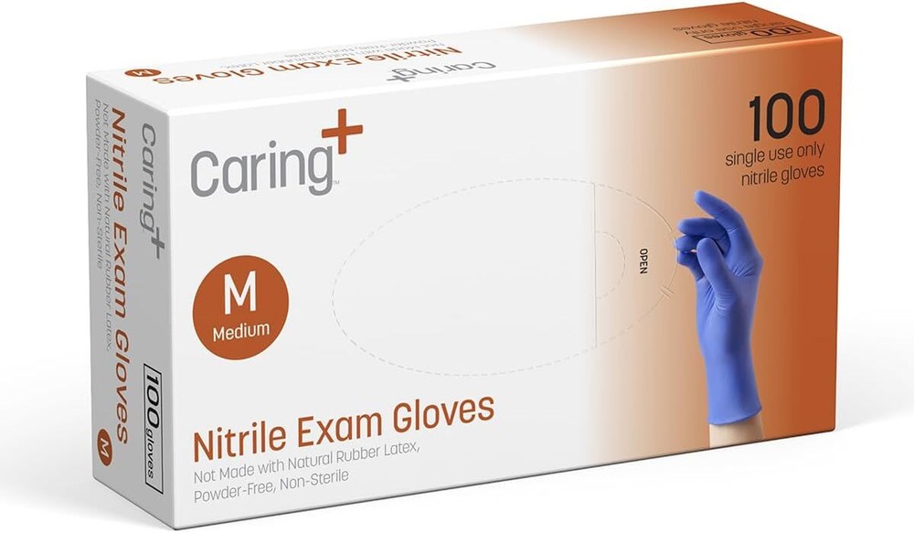 Caring Nitrile Exam Gloves, Blue, Powder-Free, Medium (Pack of 100)