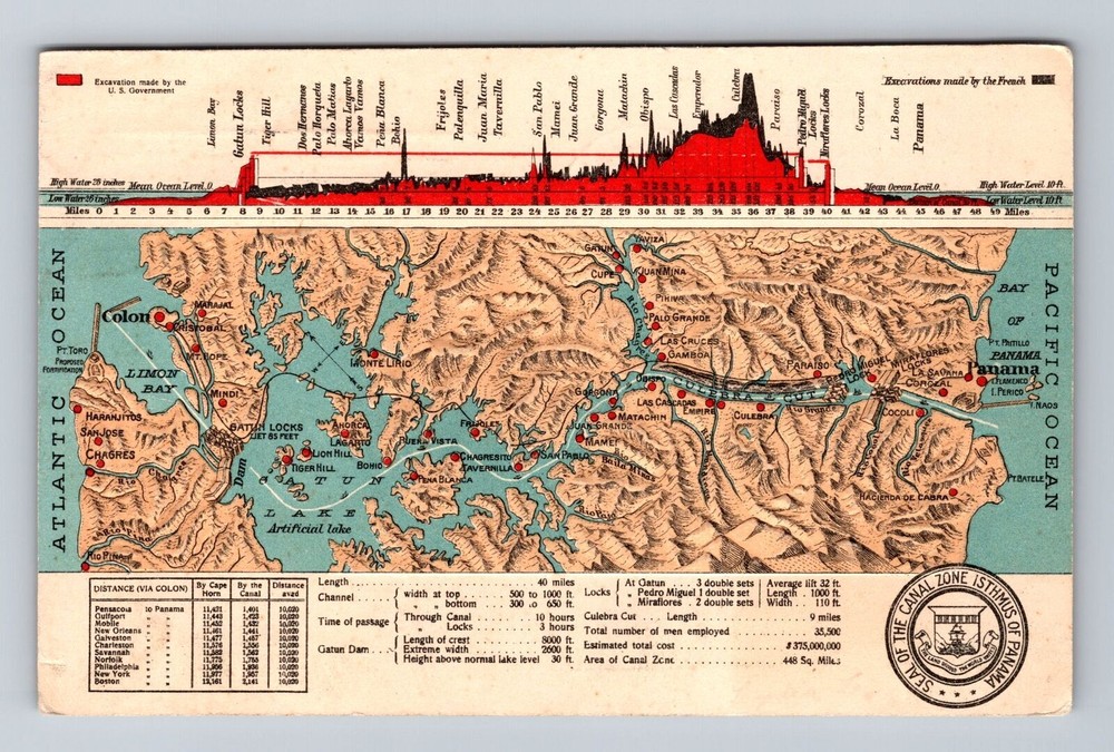 Scenic Landmark Map View, Atlantic Ocean, Antique, Vintage c1970 Postcard