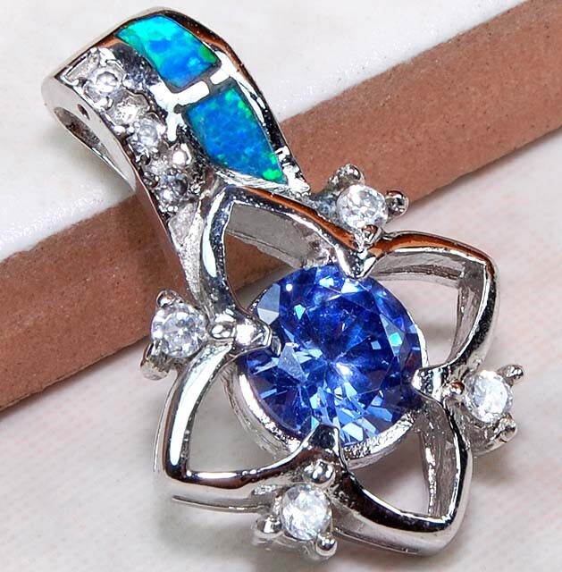 1CT Treated Blue Sapphire & Australian Opal 925 Sterling Silver Pendant GA8
