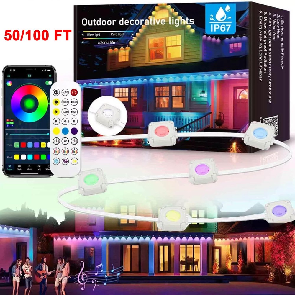 100FT Smart RGB IC Waterproof Outdoor Eaves Light Kit with Wifi APP Control