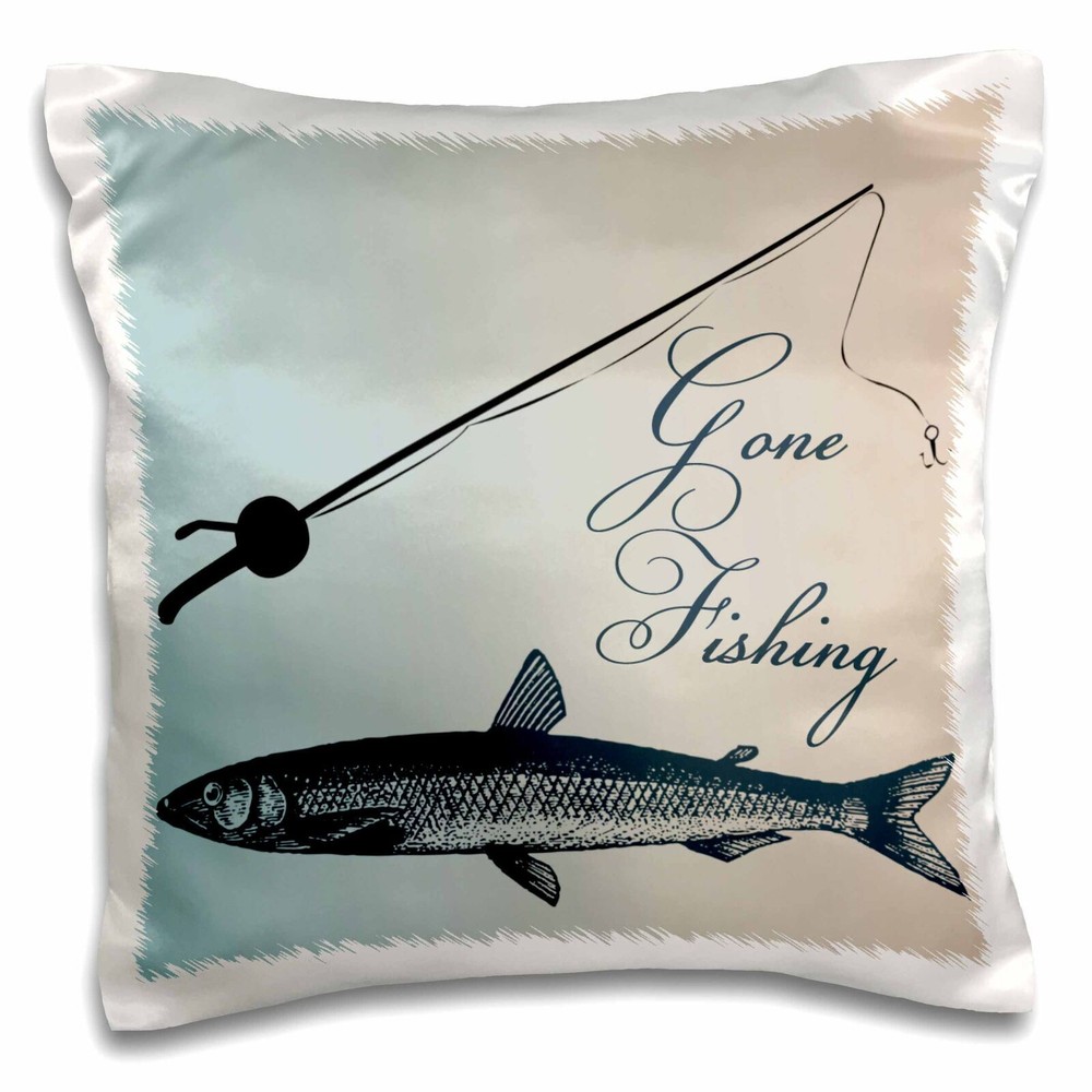 3dRose Gone Fishing Fish with Pole- Beach Theme Art 16x16 inch Pillow Case
