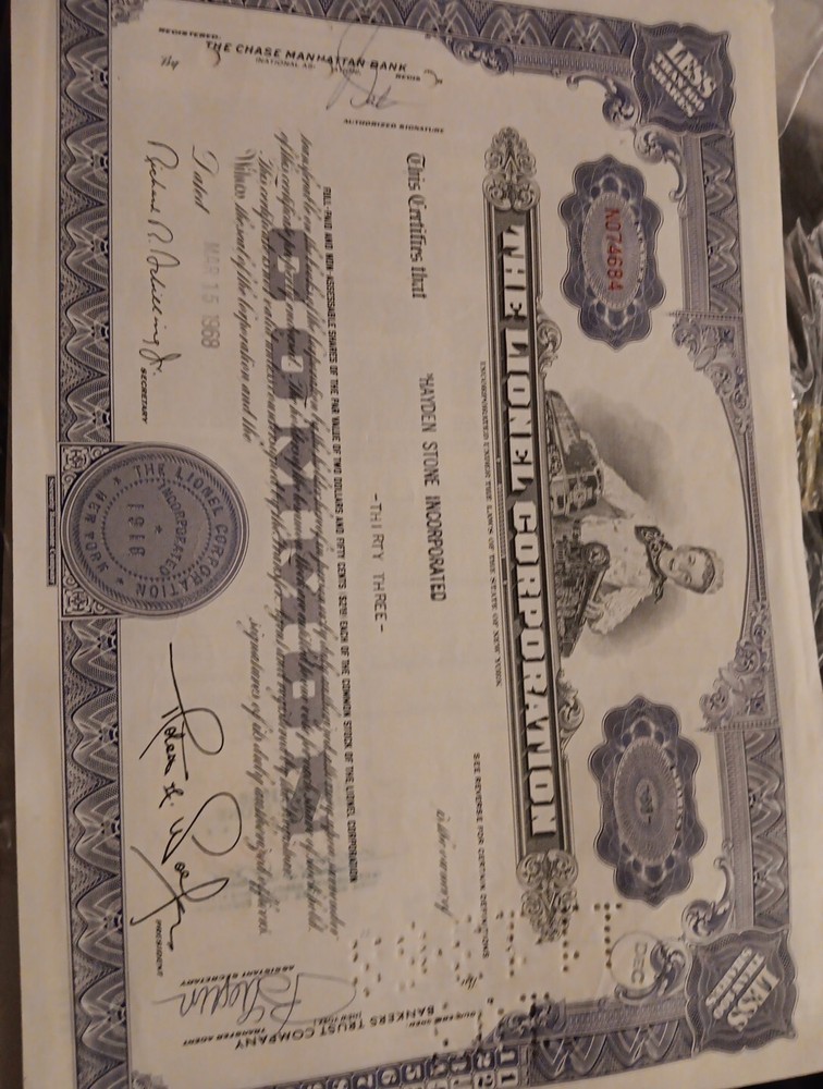Vintage 1968 Lionel Corporation Stock Certificate Less Than 100 Shares Common