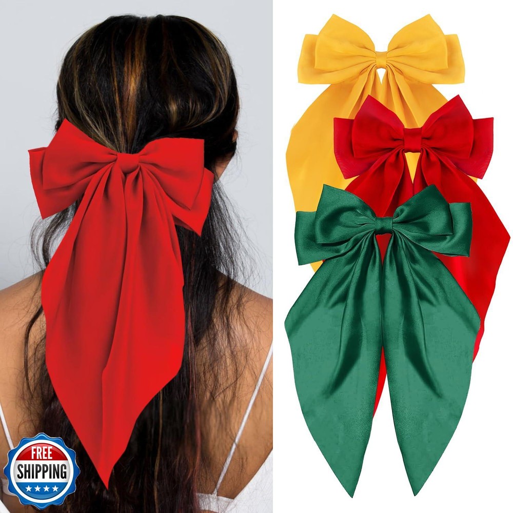 Loqpol 3-Pack Silky Satin Oversized Long Tail Hair Bows with Barrette Clips