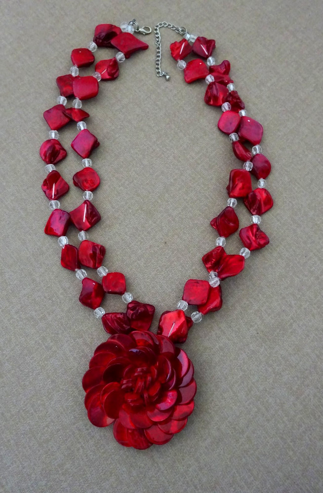 Vintage Red Baroque Shell Bead Statement Pendant Necklace, 2-Strand