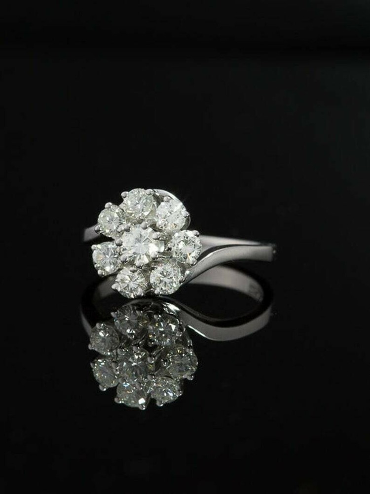 2Ct Round Cut Simulated Diamond Fancy Flower Wedding Ring 14K White Gold Plated