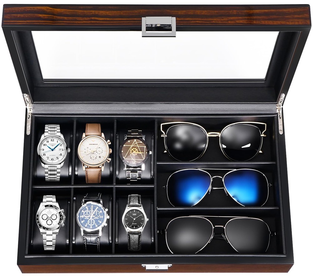 6-Slot Watch Box, 3-Slots Sunglasses Box, Watch Sunglasses Travel Case with G...