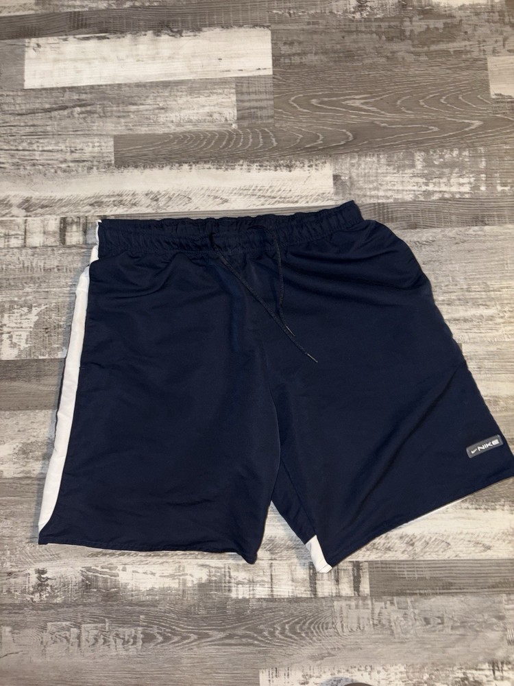Vintage Nike Men's Navy Athletic Shorts Size L with White Side Panels, Pockets