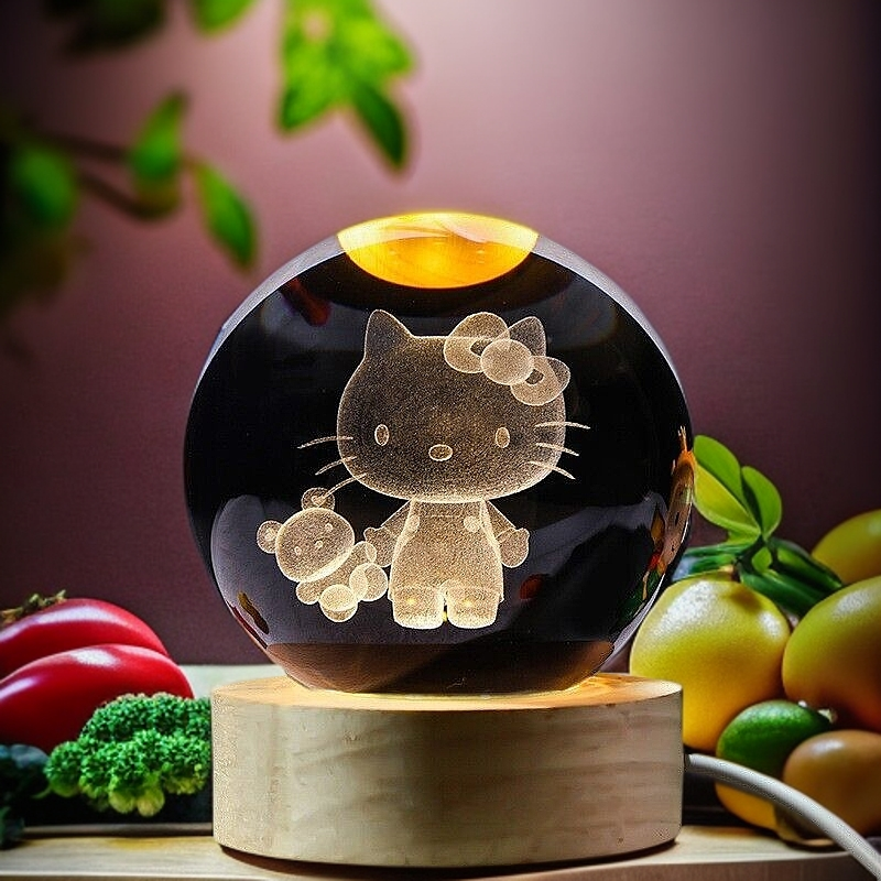 3D Carved Crystal Ball Night Light with Wooden Base - Kids Gift Healing Energy KT Bear