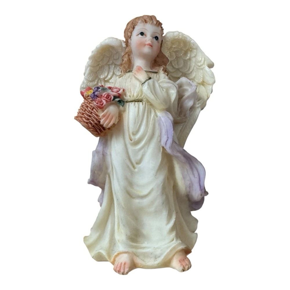 Vintage Resin Angel Figurine with Basket of Roses – 4.5” Collectible
