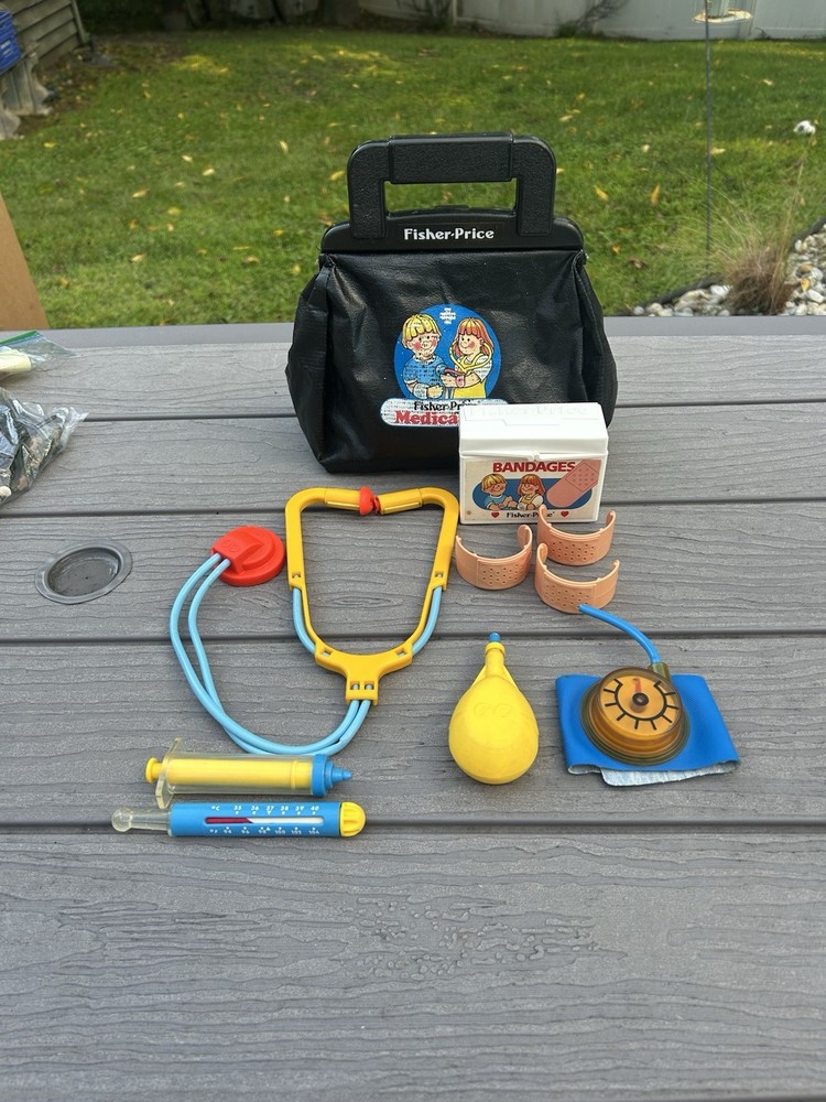 Vintage 1987 Fisher Price Medical Kit Toy Doctor Set W Bag and Assorted Tools C