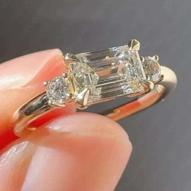 2CT Emerald Lab-Grown Diamond Three-Stone Ring in 14K Gold