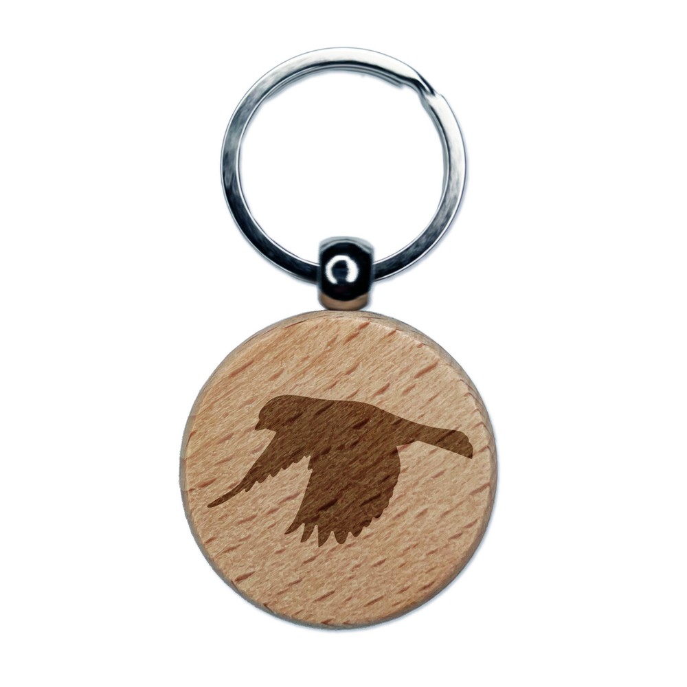 Finch Flying Bird Engraved Wood Round Keychain Tag Charm