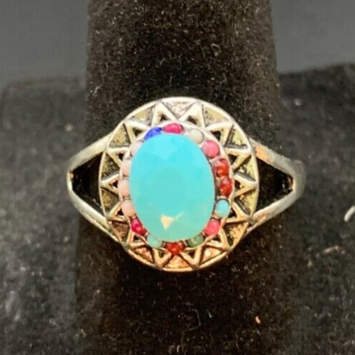 Vintage Antique Silver Tone Blue CZ Rhinestone Cocktail Ring - Size 8