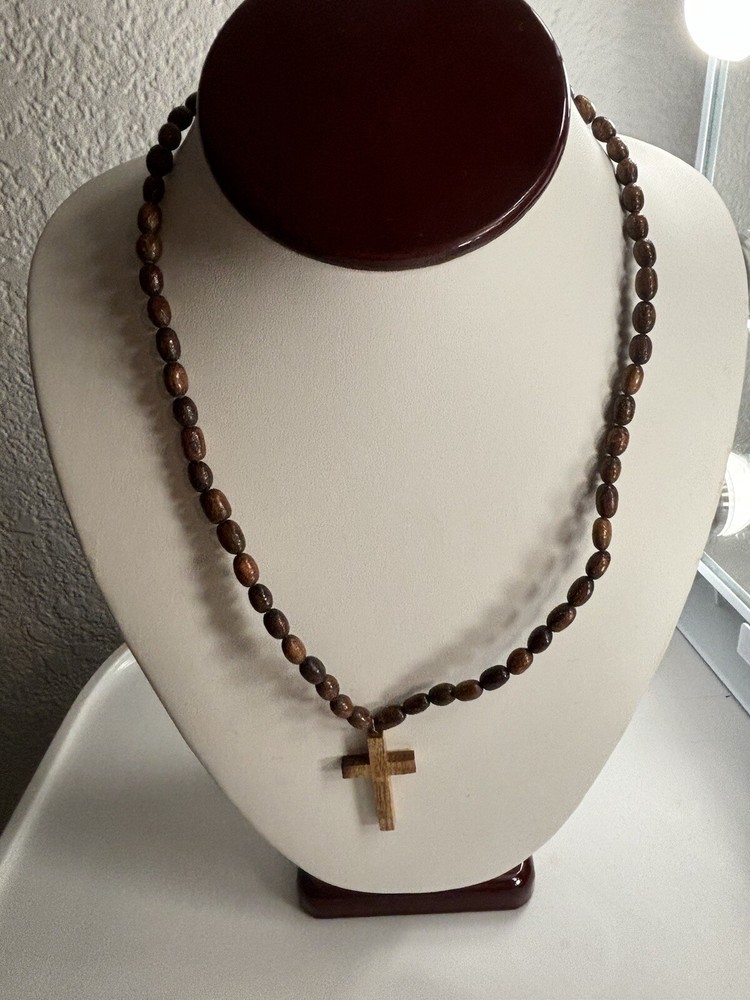 wooden necklace with a wooden cross unbranded