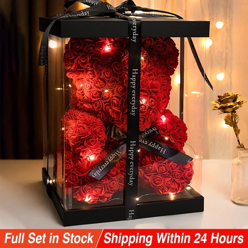 Romantic Wedding Rose Teddy Bear Gift Box for Women, Valentines, Girlfriend, or Birthday
