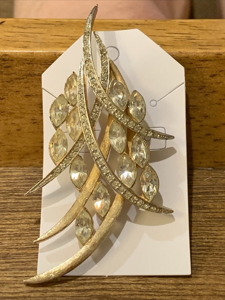Gold Tone Clear Stone Brooch Mid-Century Modern Costume Jewelry Accessory