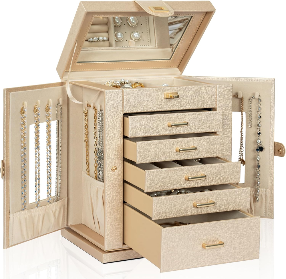 6-Tier Rotating Jewelry Box Organizer with 360° Spinning Storage Case for Necklaces Rings Earrings