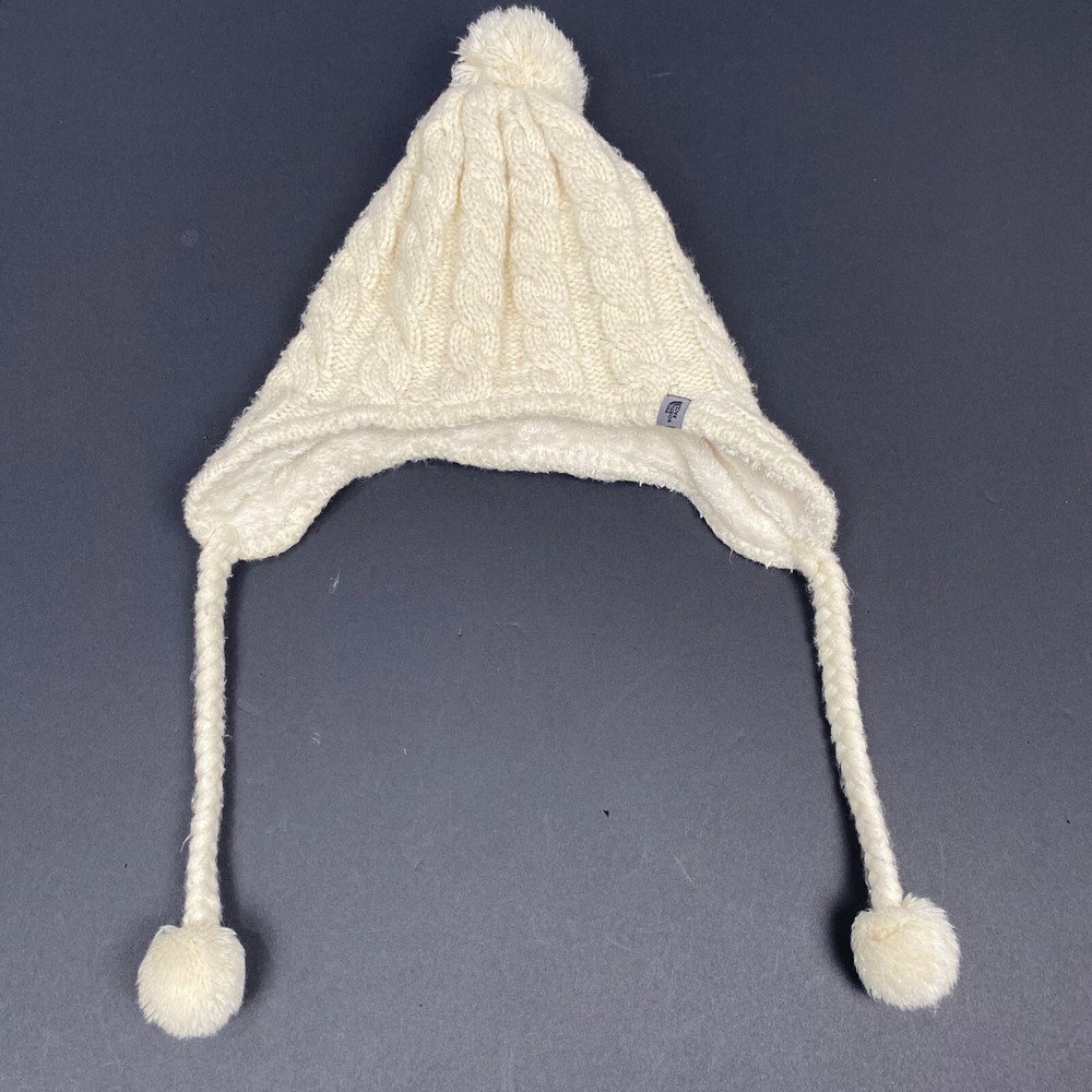 The North Face Women's ivory Fleece Lined Beanie Ear Flaps Pom Pom One Size