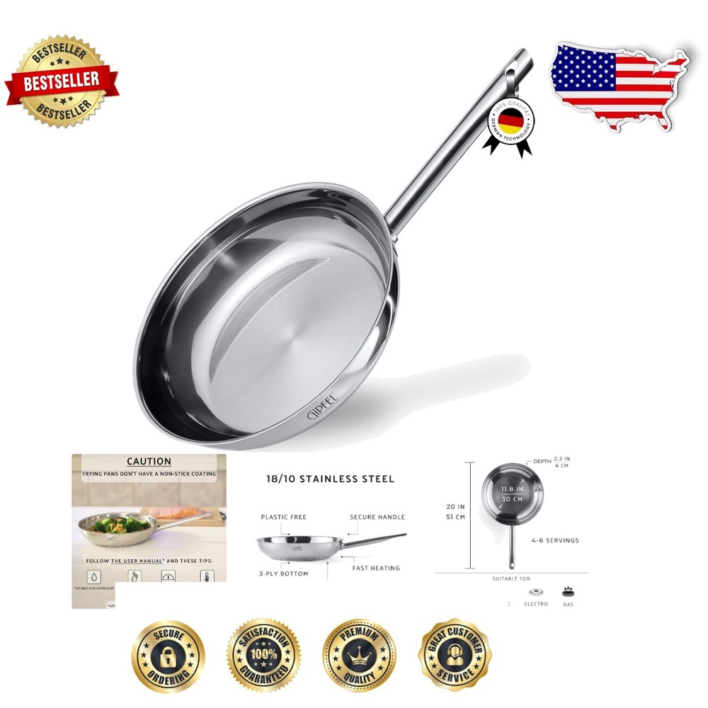 Large 12-Inch Non-Toxic Stainless Steel Skillet - Perfect for Family Meals