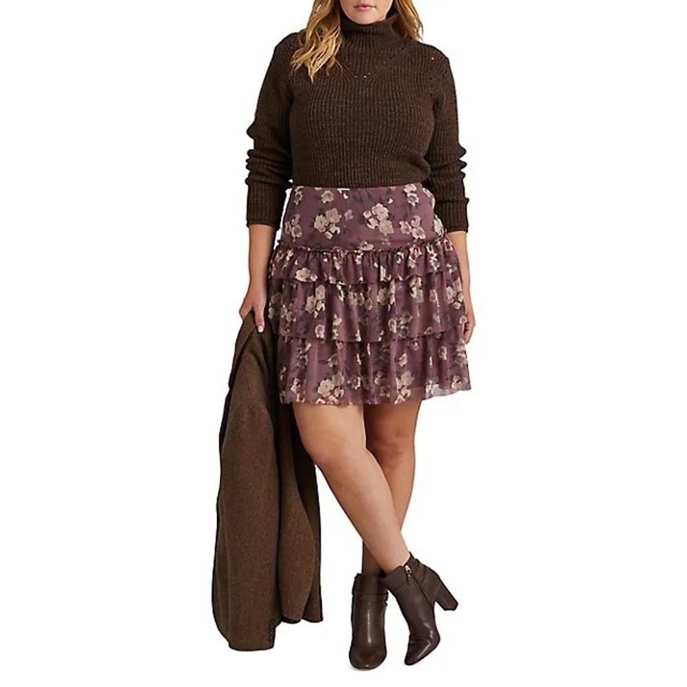 Lauren Ralph Lauren Women Purple Georgette Bohemian Ruffled Tiered Skirt Size 16