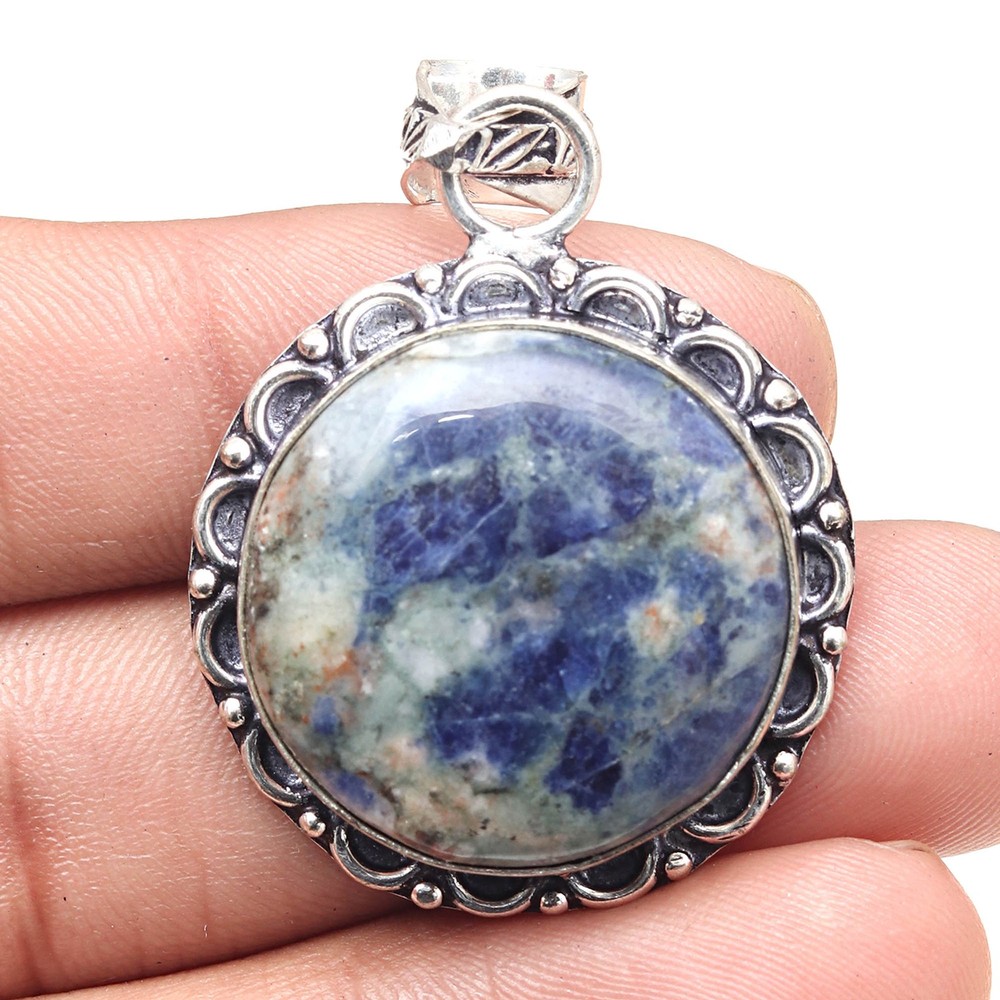 Sodalite Gemstone Pendant Silver Ethnic Jewelry for Valentine's Day 3 Inch
