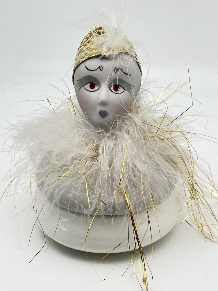 Vintage Ceramic Lady Jewelry Box with Feather Boa 5 Inch White Gold Trinket Jar