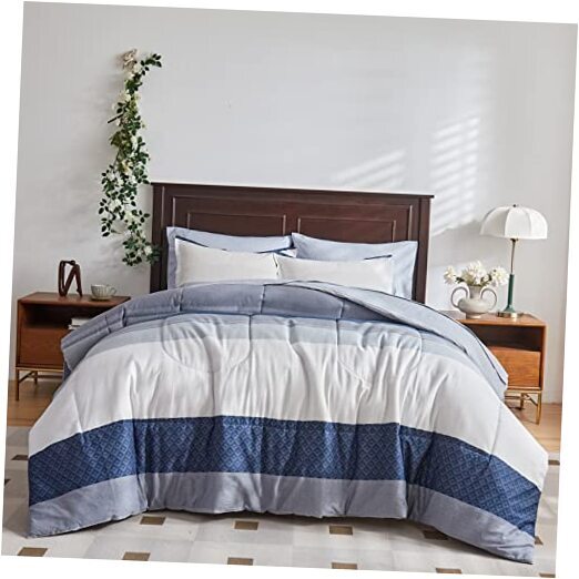 Cotton Striped Comforter Sheet Set Queen Size 7 Pieces Bed in a Bag with Navy