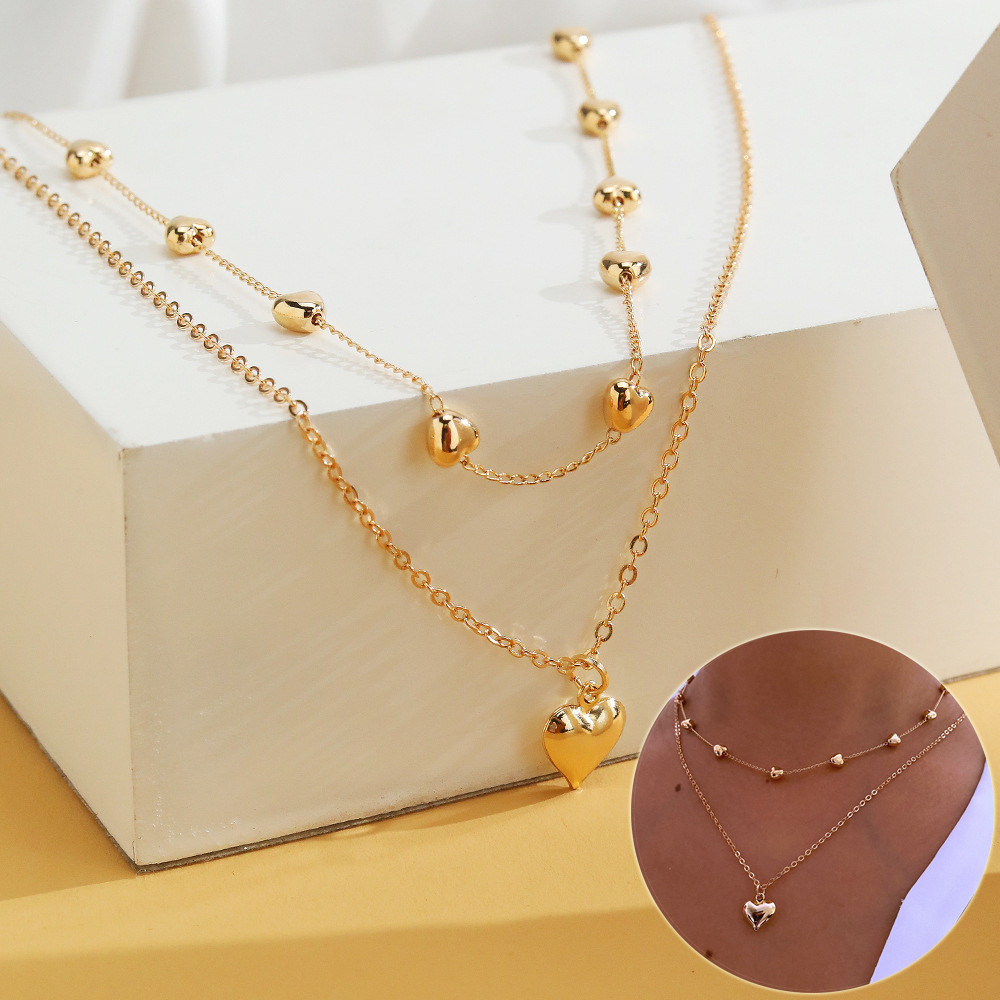 Double Layer Heart Pendant Gold Chain Necklace For Women-image