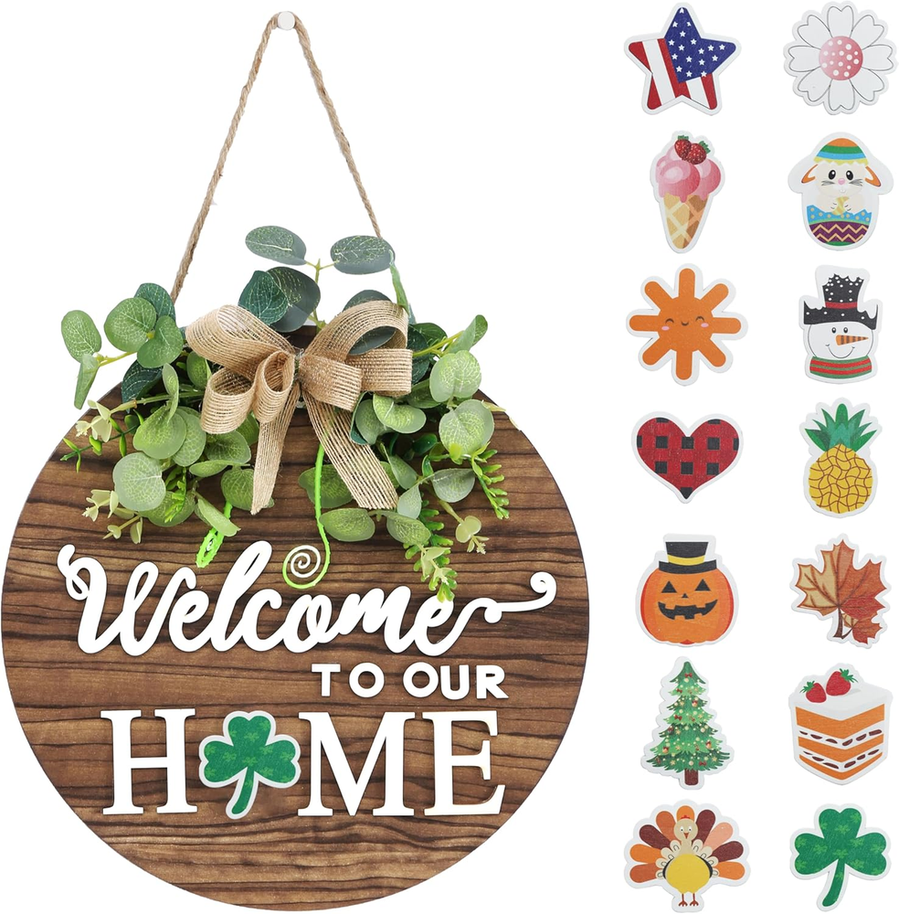 Interchangeable Seasonal Welcome Sign Front Door Decoration, Rustic round Wood W
