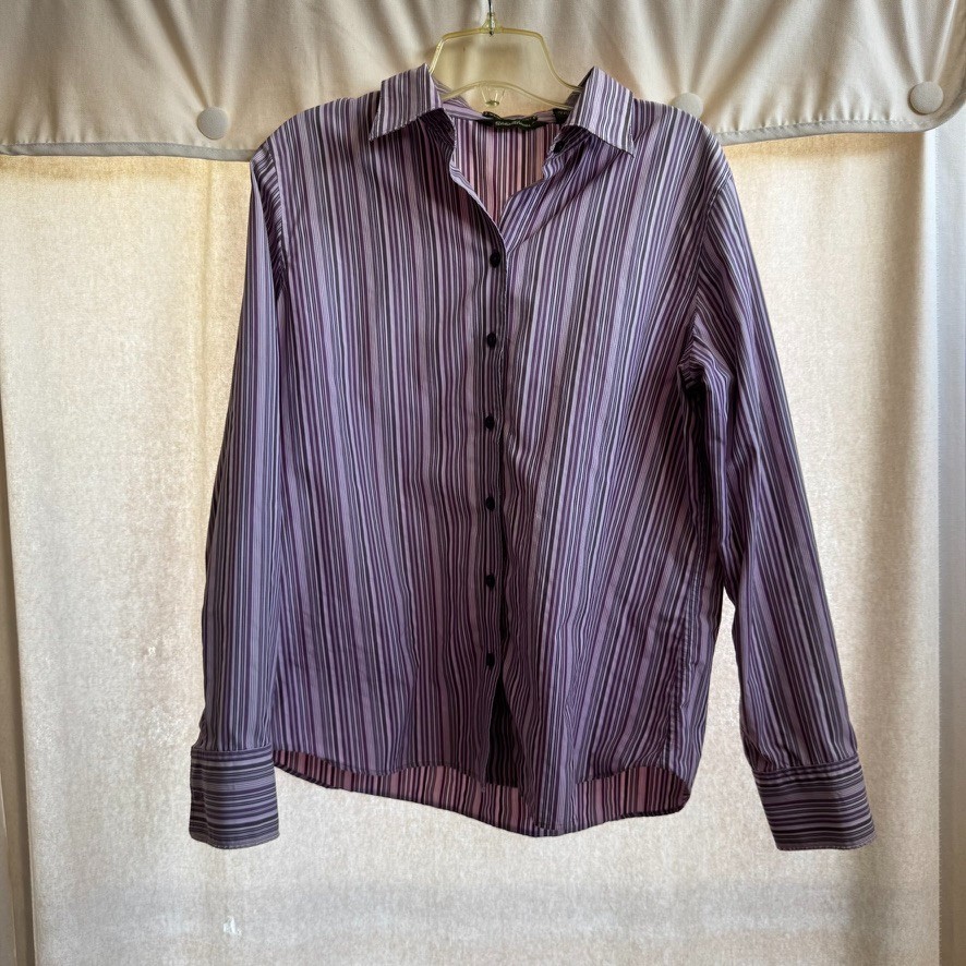 Eddie Bauer Womens Large Purple Stripe Button Shirt Long Sleeve Wrinkle Resist