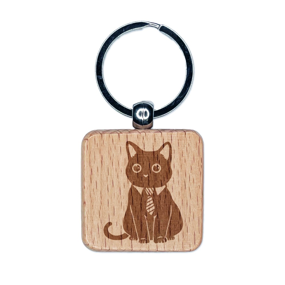 Business Cat with Tie Engraved Wood Square Keychain Tag Charm