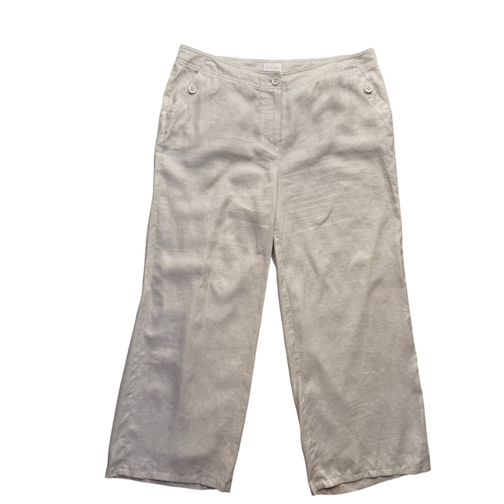Chicos Womens Linen Pants Beige Wide Leg Button Pull On Preppy Old Money Aesthetic