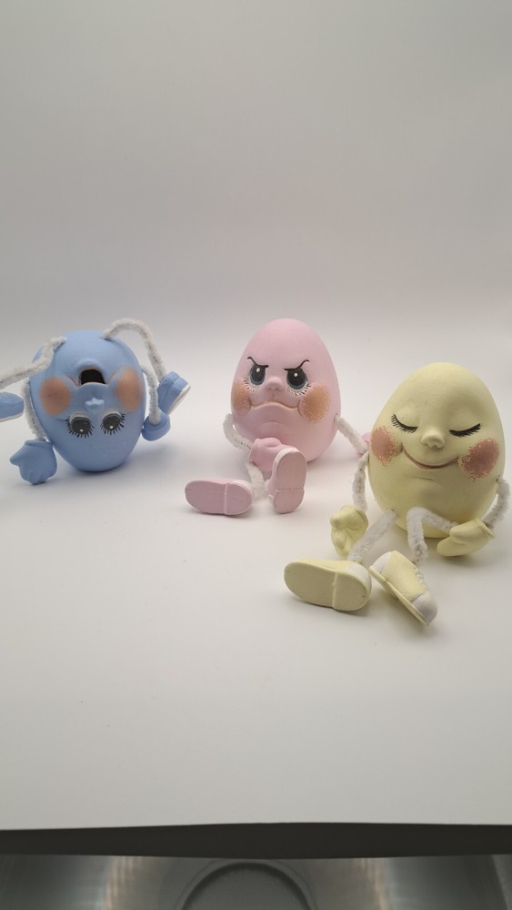 THREE VINTAGE CERAMIC NOGGINS EASTER EGG SHELF SITTERS ANTHROPOMORPHIC FIGURINES