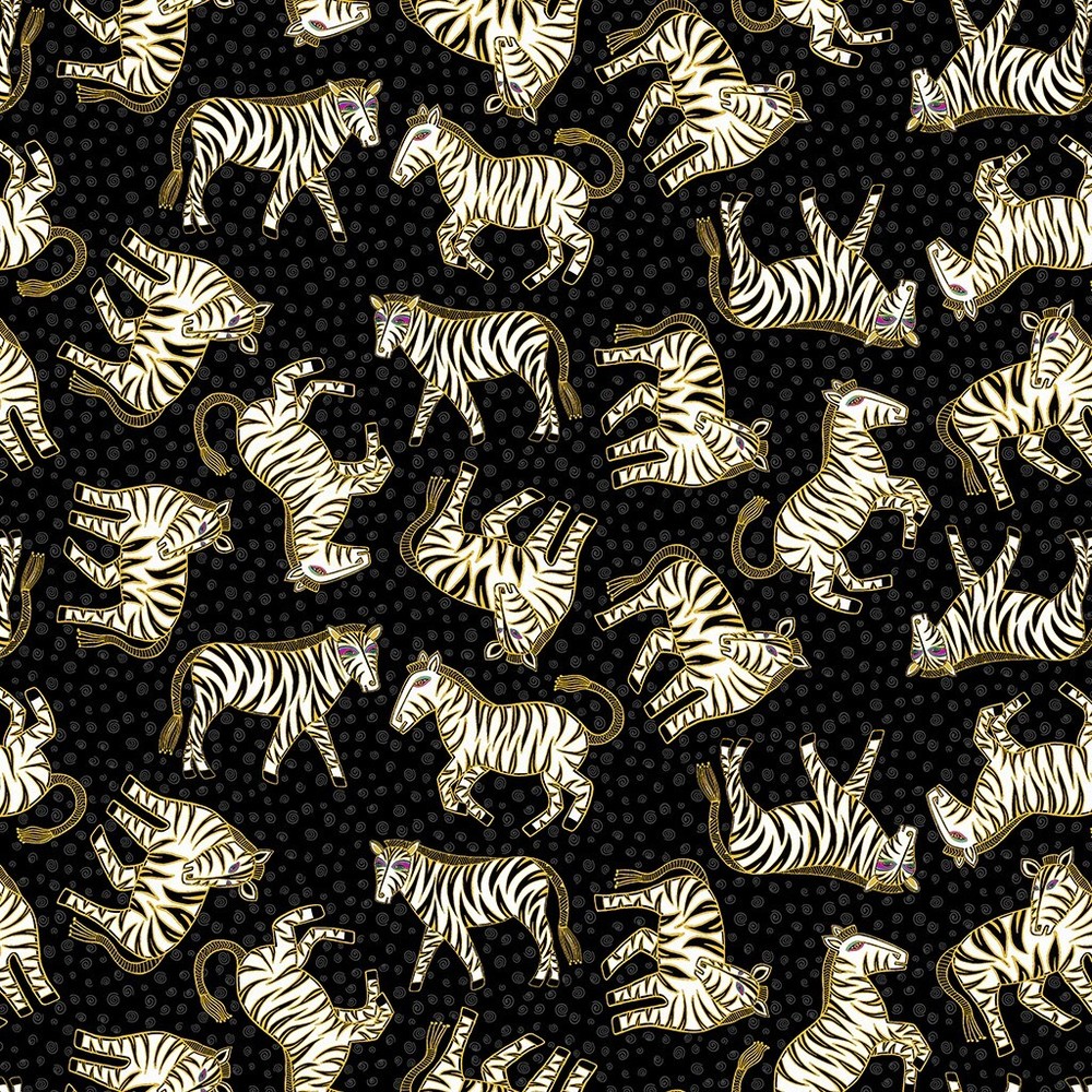 Laurel Burch Earth Song Zebra Toss on Black Metallic Fabric By the FQ - 1/4 YD