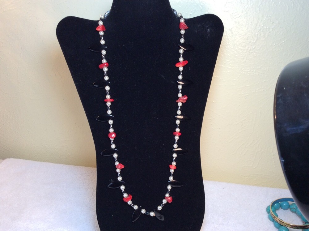 Bamboo Coral with Black Stone Or Glass necklace