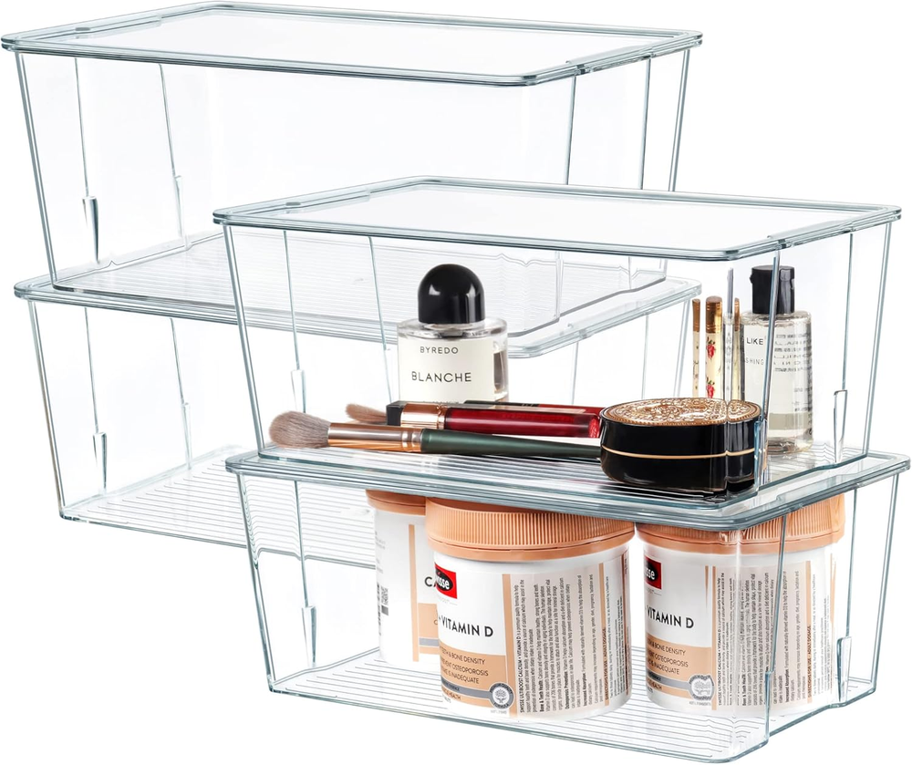 Clear Acrylic Storage Bins with Lids for Home Office or Kitchen Organization
