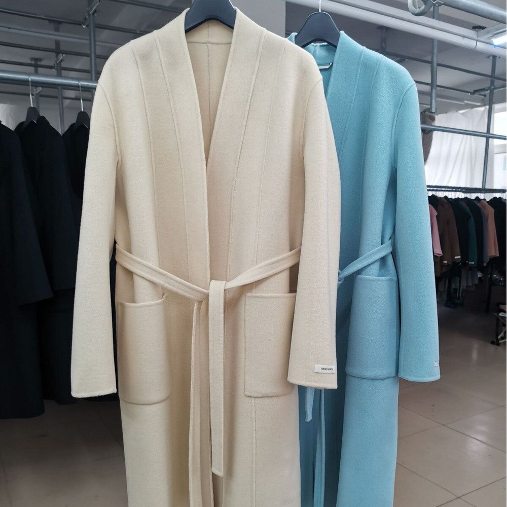 Women's Long Cashmere Wool Coat with Lace-Up Detail Double-Sided Warm Winter Jacket