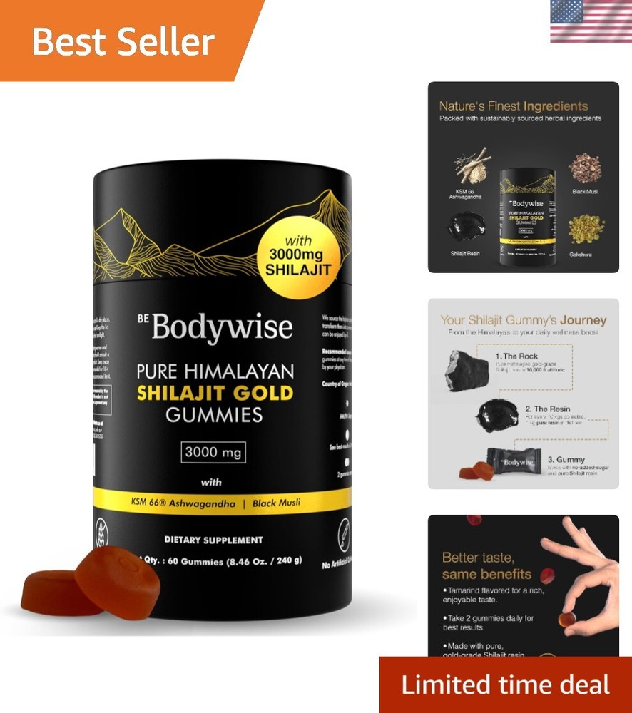 Vegan Himalayan Shilajit Gummies with Powerful Ashwagandha - 60 Count Canister